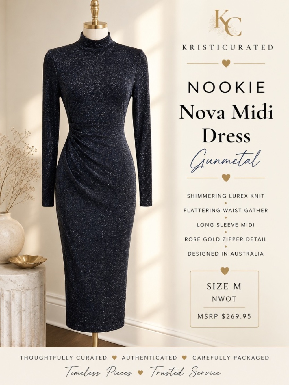 Nookie Nova Gunmetal Metallic Lurex Midi Dress Size M NWOT